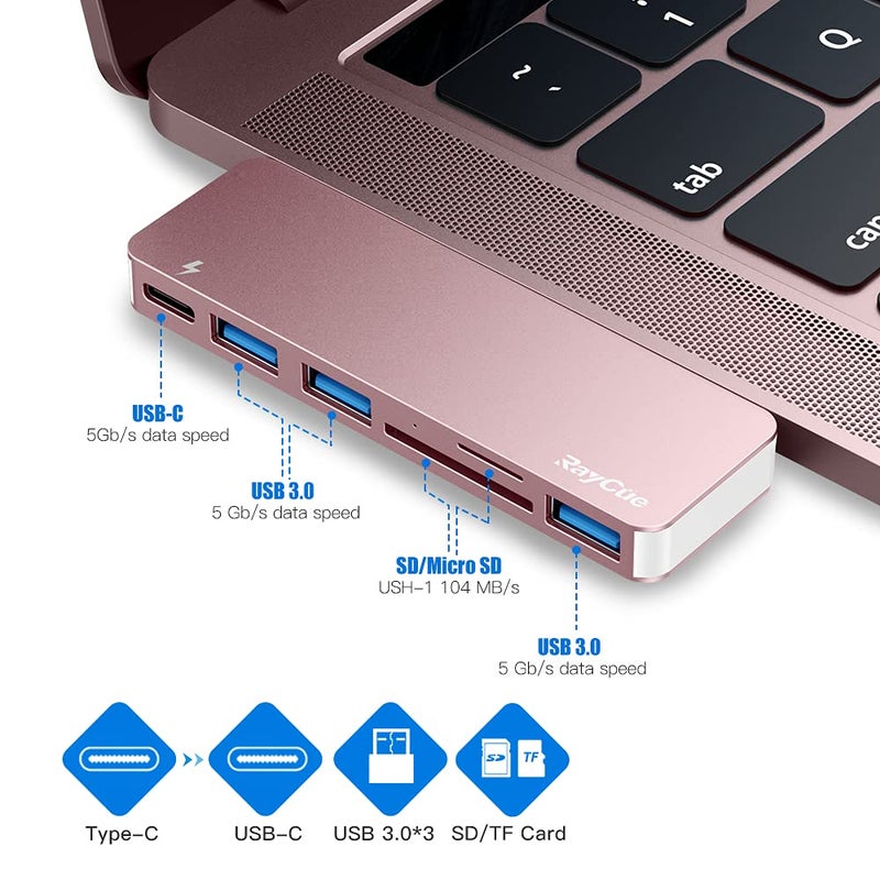 Raycue USB C Hub Adapter for MacBook Pro/Air 2020 2019 2018, 6 in 1 USB-C Accessories Compatible with MacBook Pro 13â€³ and 15â€³ with 3 USB 3.0 Ports, TF/SD Card Reader, Power Delivery (Pink) - Image 2